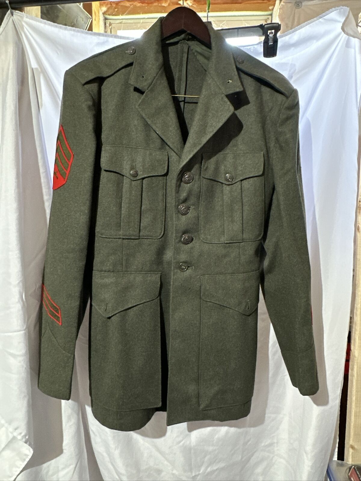 VINTAGE 50s USMC Marine Corps Wool Coat Jacket Green Dress Uniform