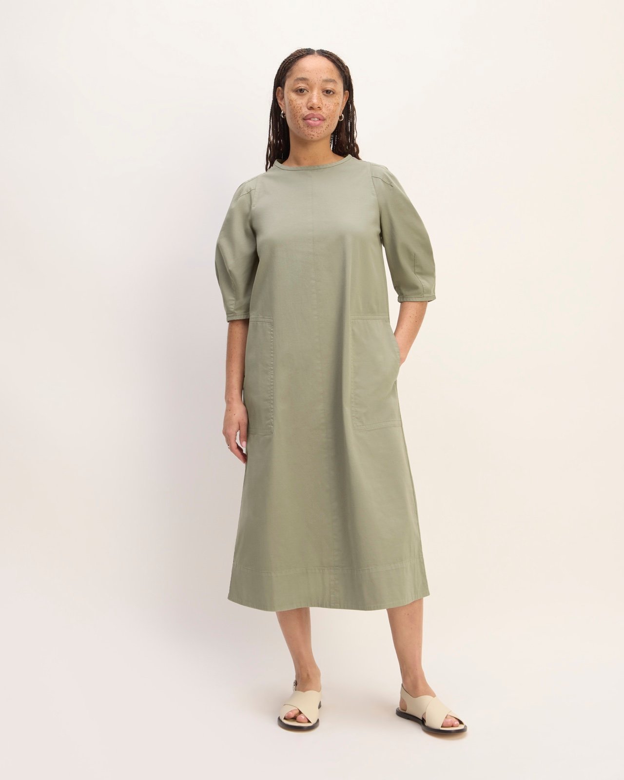 NWT EVERLANE The Short-Sleeve Puff Sage Green Large Midi Dress