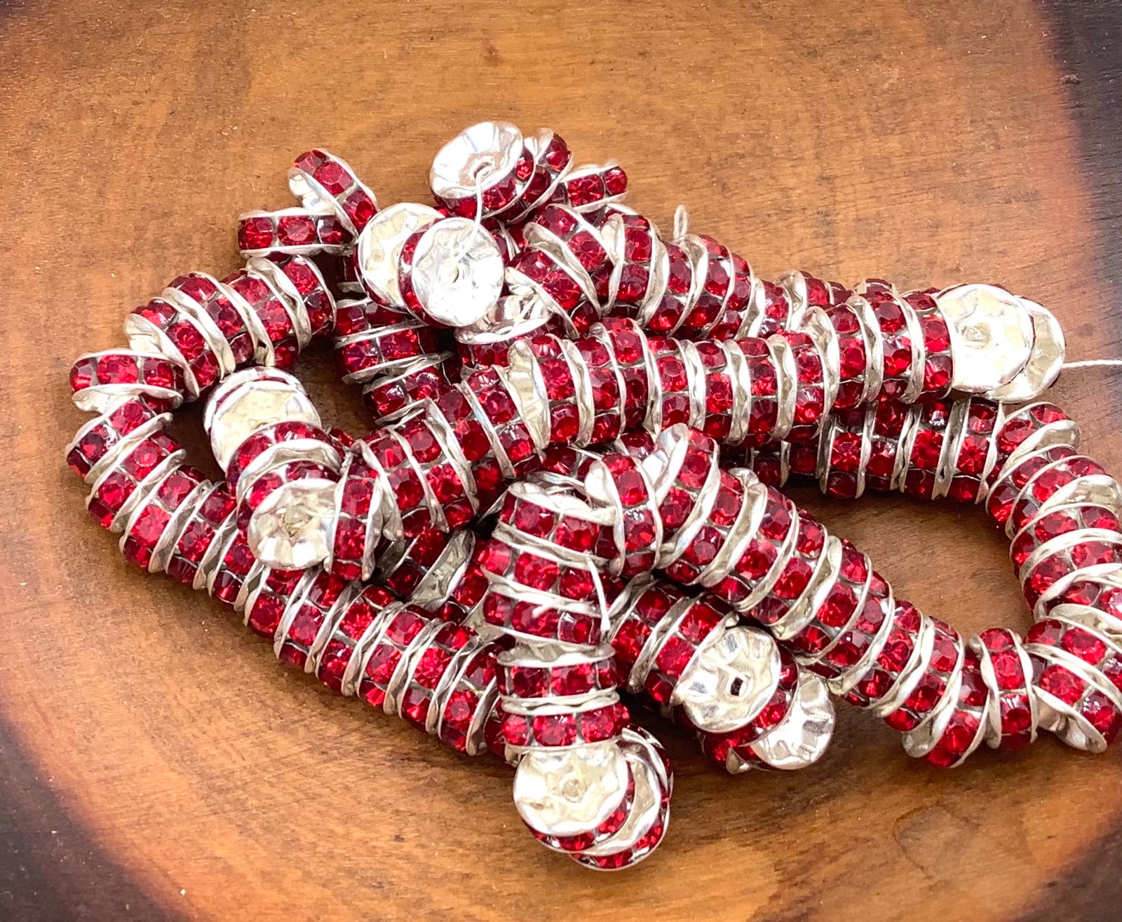 144 Authentic Czech Sterling Silver Metal with Red Rhinestone 8mm Spacer Beads