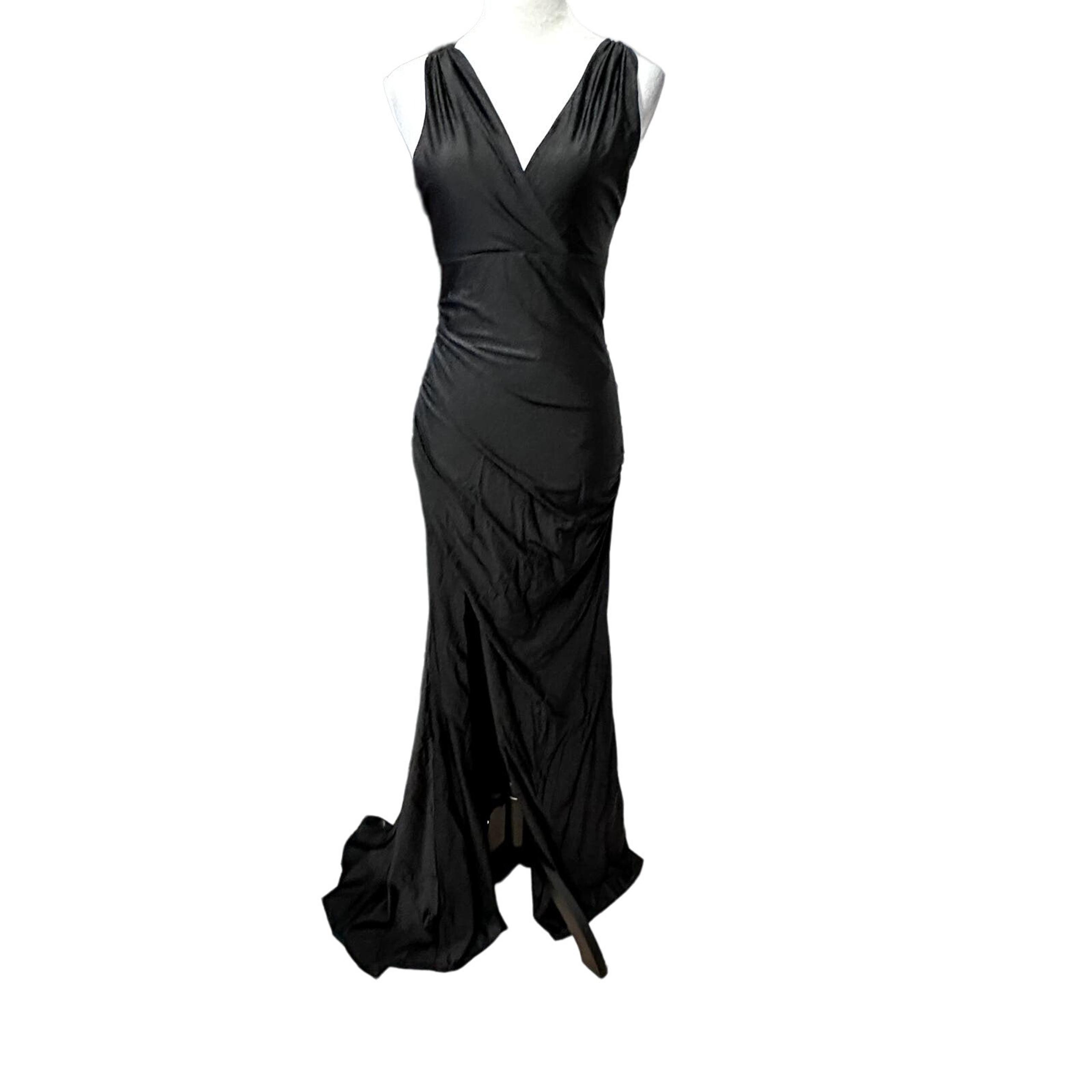 La Femme Womens Gown Dress Black Slit Maxi Sleeveless Surplice Satin Tie 4 New