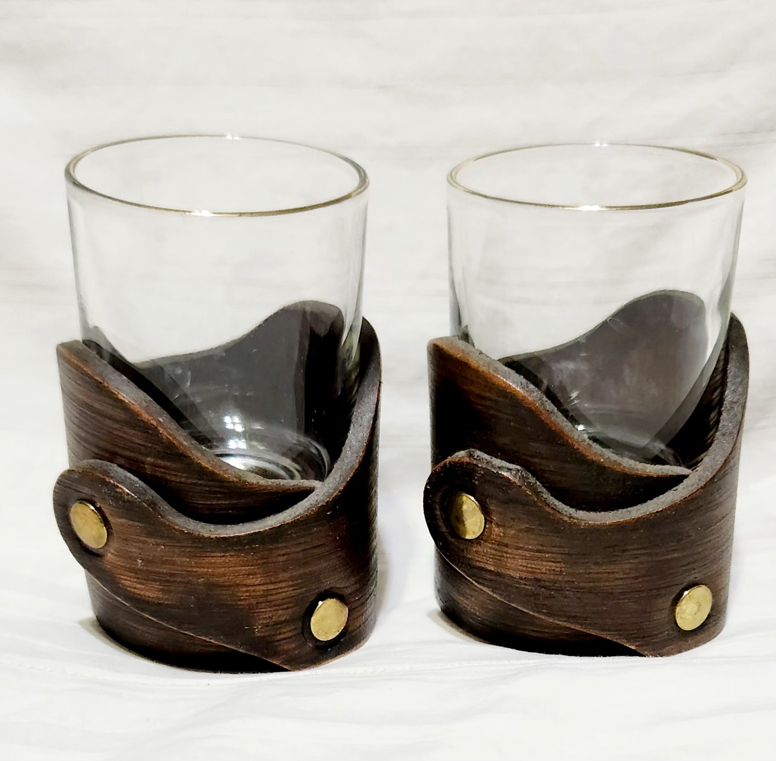 2 Mid Century Modern Whiskey Cocktail Gold Rim Glasses in Horsehide Cozies