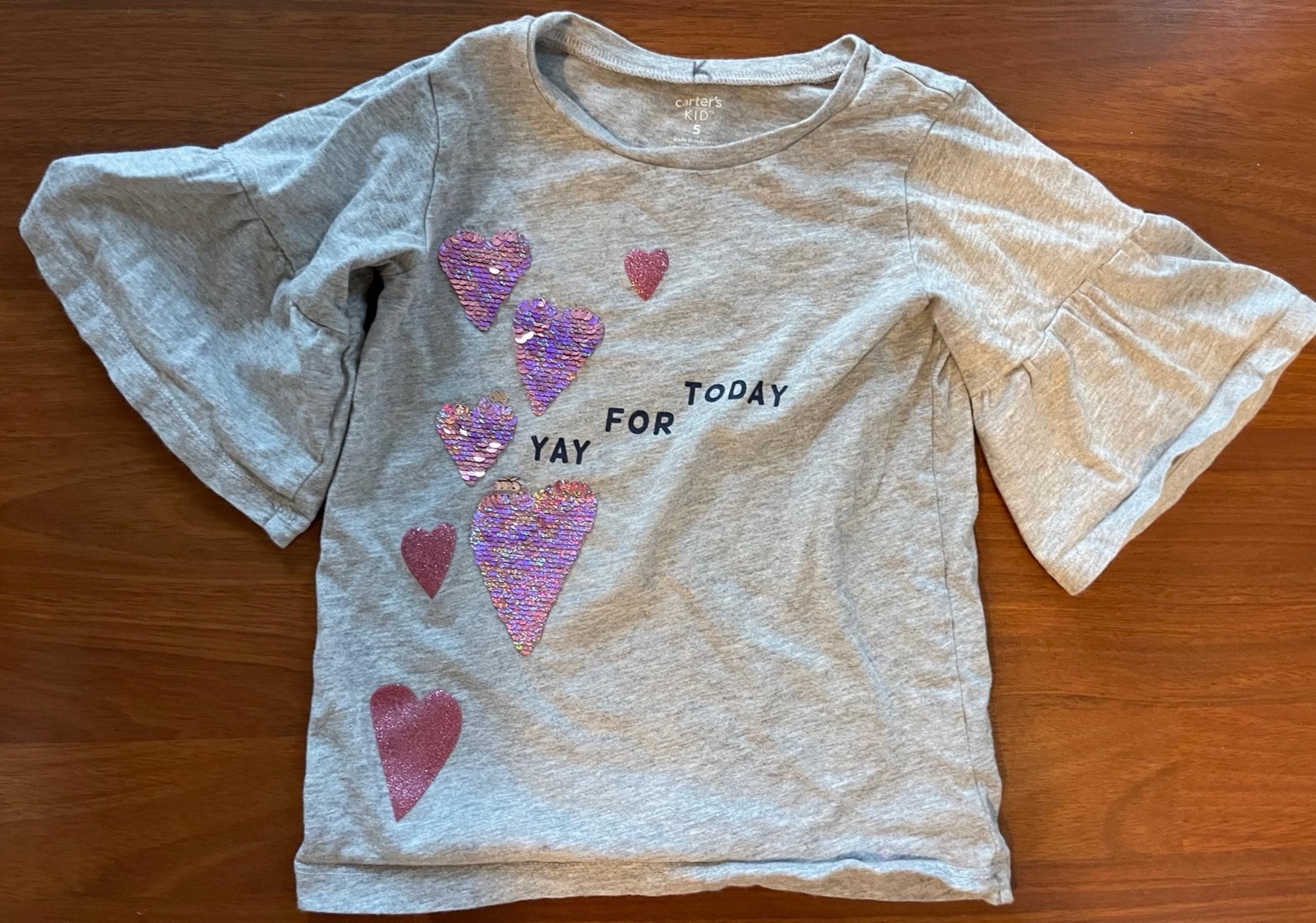 Carter's Girls Grey 3/4 Sleeve T-Shirt Size 5 - Reversible Sequin Hearts