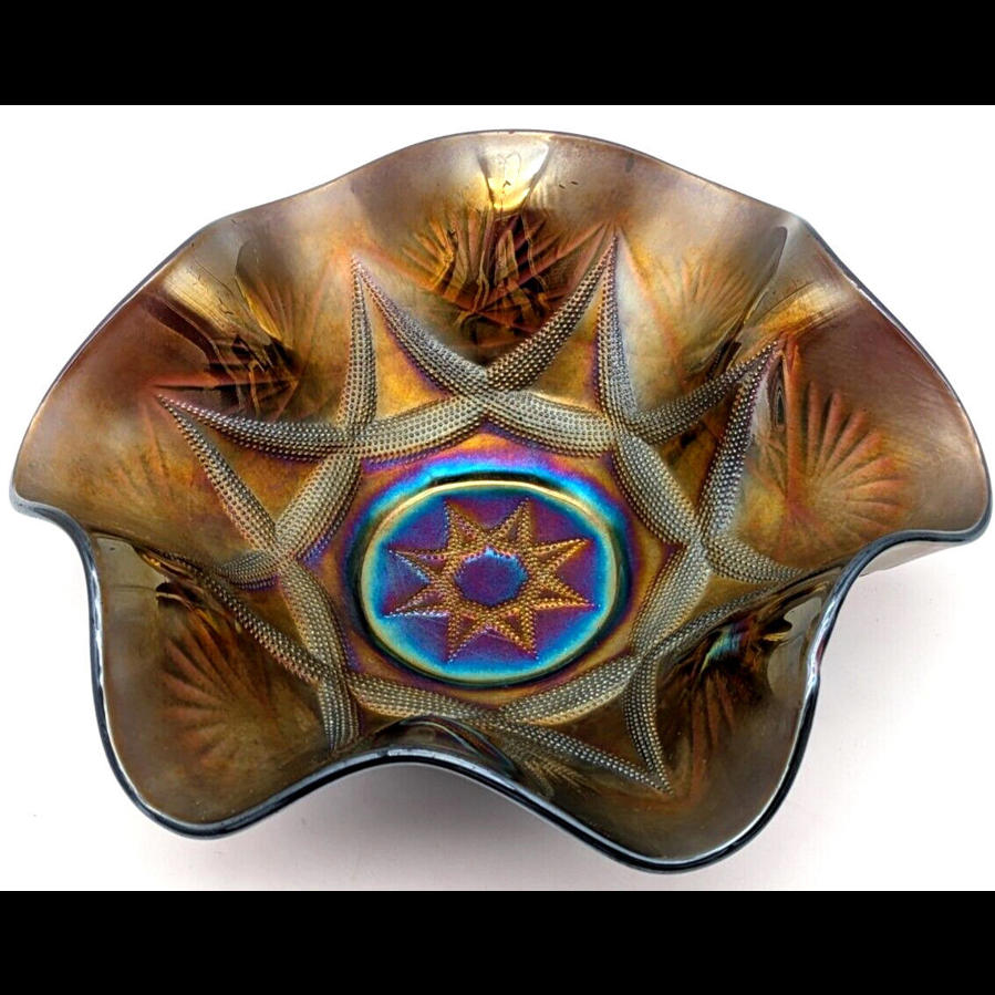 Antique Dugan Amethyst Ski Star Pattern Carnival Glass Bowl 1910