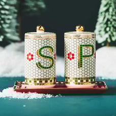 Anthropologie bistro festive tile handpainted stonewear salt & pepper shakers