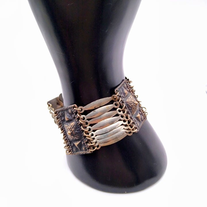 Pyramid Links Panel Bracelet, Vintage Silver Statement Bangle, Stamped Mexico