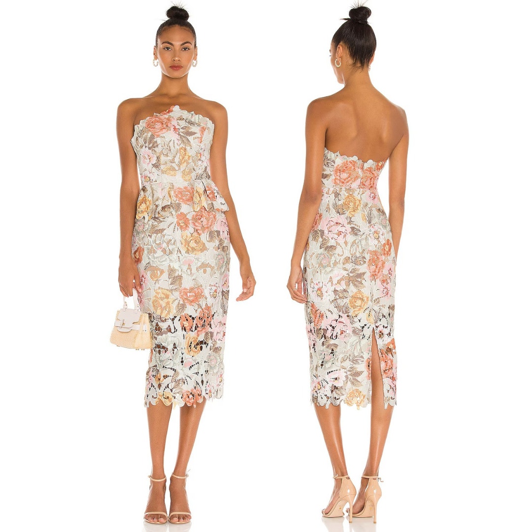 Elliatt Adelynn Strapless Midi Dress Floral Lace Tiered Party Spring Prom Sz M