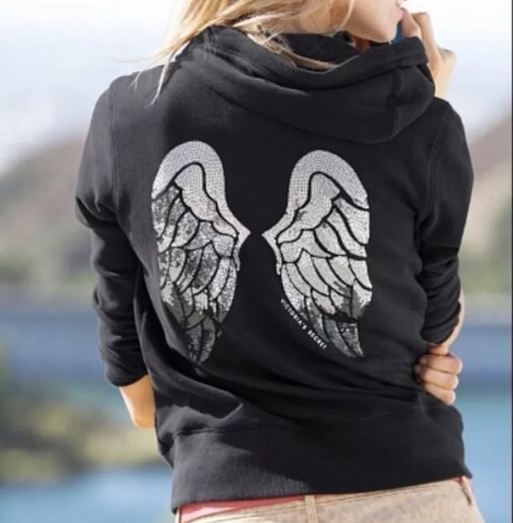 Victoria's Secret Black Silver Sequin Angel Wings Full Zip Hoodie Sweatshirt L
