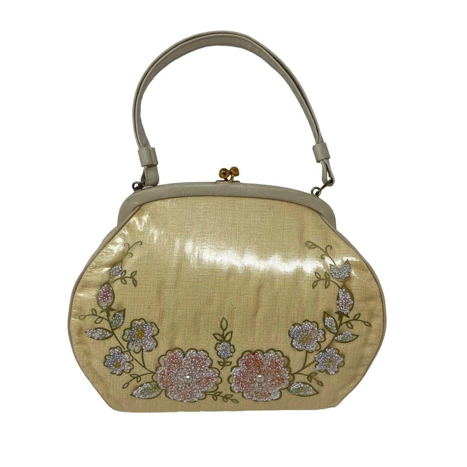 Vintage 1950s Claire Fashions Plastic Covered Embroidered Beaded Handbag
