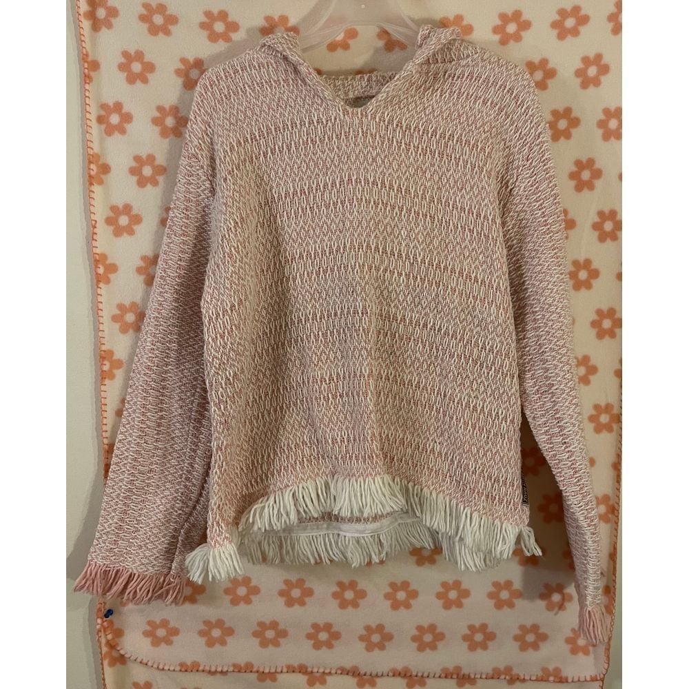 Earth Ragz Cozy Hooded Sweater Pink Fringe Boho Chic Knit Pullover size XL