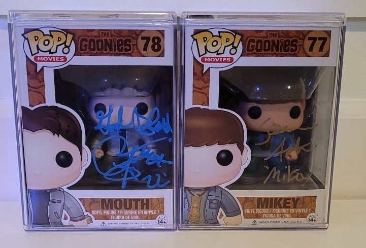 FUNKO POP! The Goonies: Mikey #77 & Mouth #78 signed by Sean and Corey, PSA