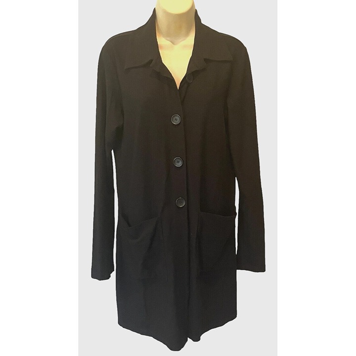Eileen Fisher Black Stretch Buttons Long Jacket Cardigan Sz S- XS - Made in USA