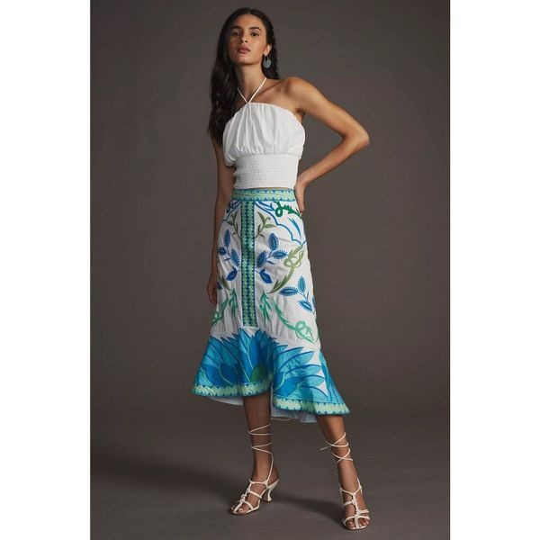 New Anthropologie Maeve Falda Midi Mermaid Deco Skirt Size 0