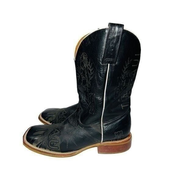Tin Haul Black Leather Cowboy Boots Etched Skull Cherub Design *RARE* | Men's Si