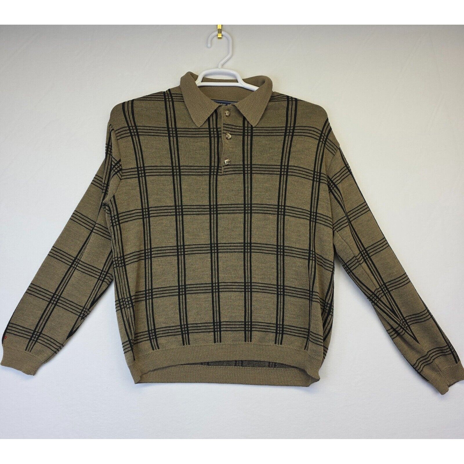 Andrew Fezza Sweater Mens XL Beige Collar Polo Windowpane Plaid Preppy Academia