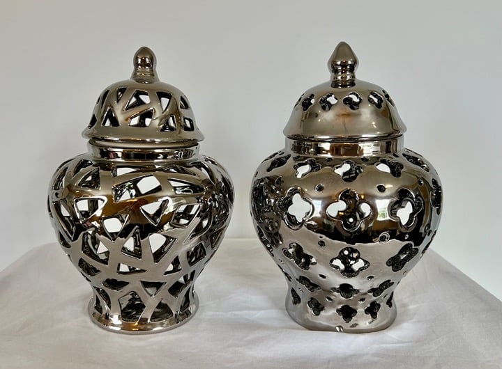 Free Shipping Pierced Lattice Silver Ceramic Ginger Jars, Lot of 2