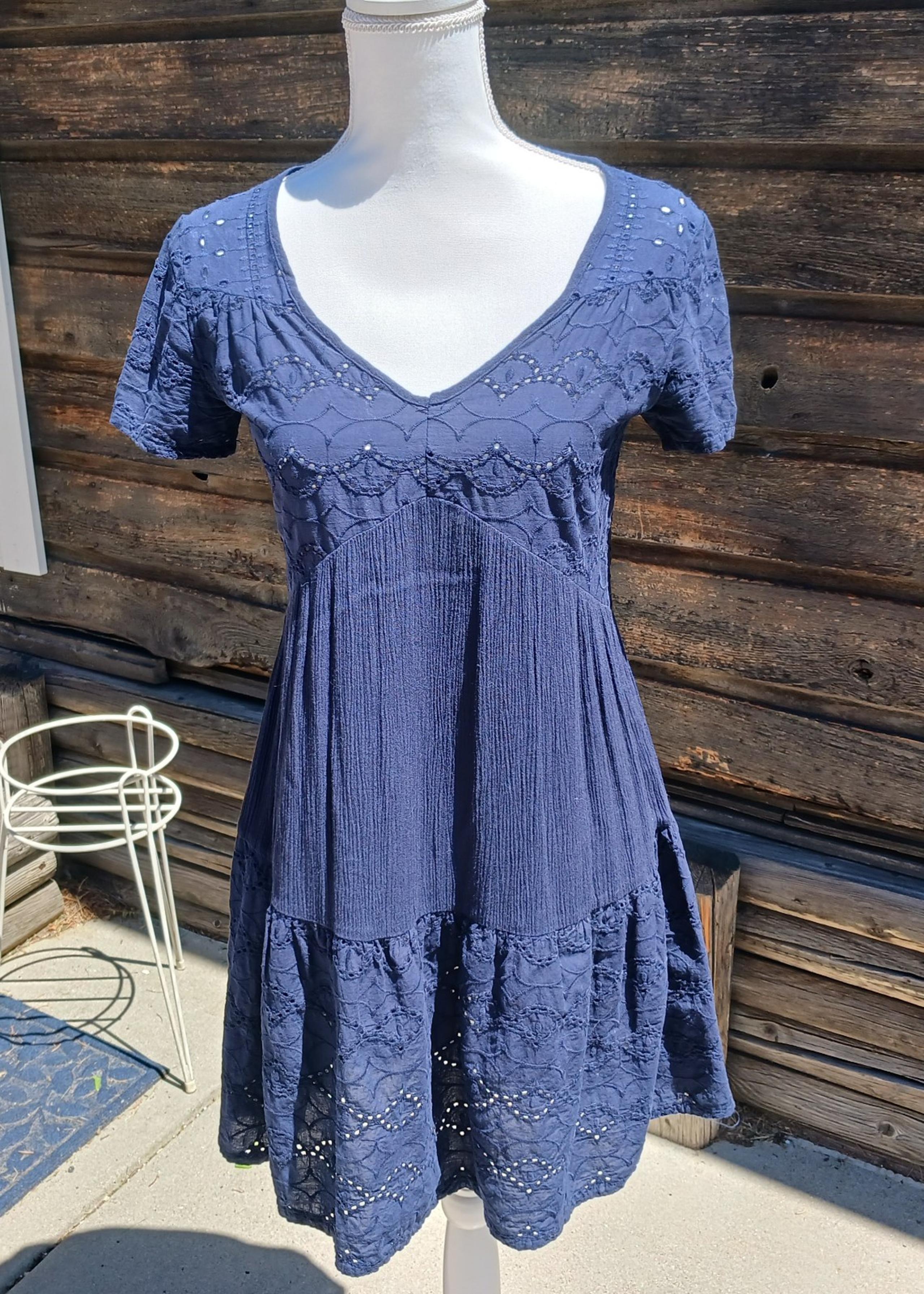 Knox Rose XS Dark Blue Dress • Babydoll Cottagecore Eyelets Peasant Cute