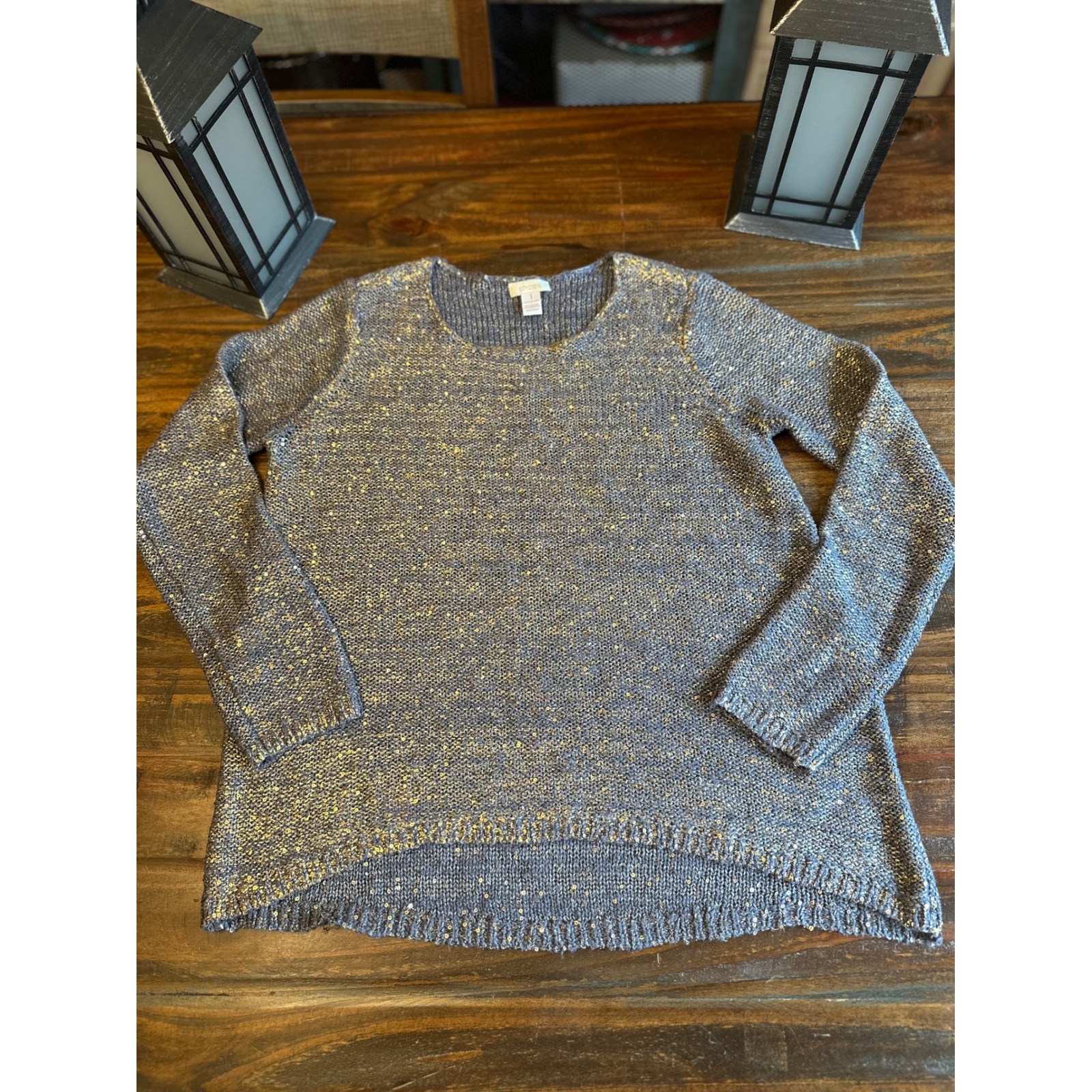 Chico's Sequin Embellished Knit Sweater Sparkly Tunic Top Gray Gold Size 1 US M