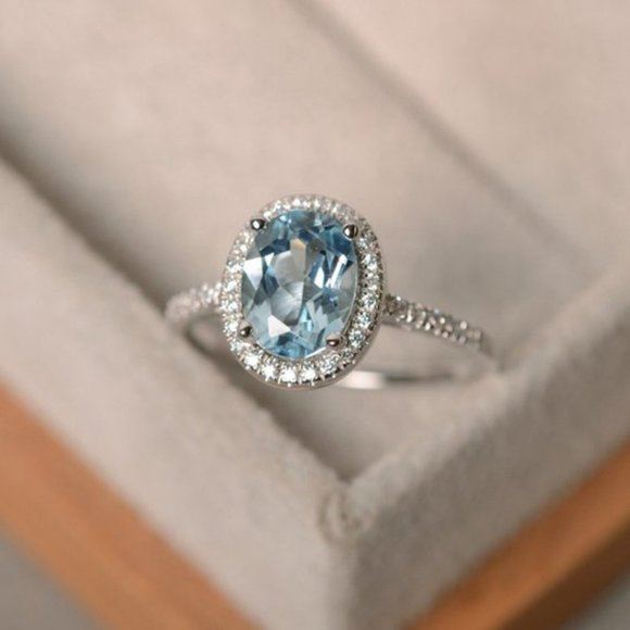 NEW 18K White Gold Aquamarine Halo Ring