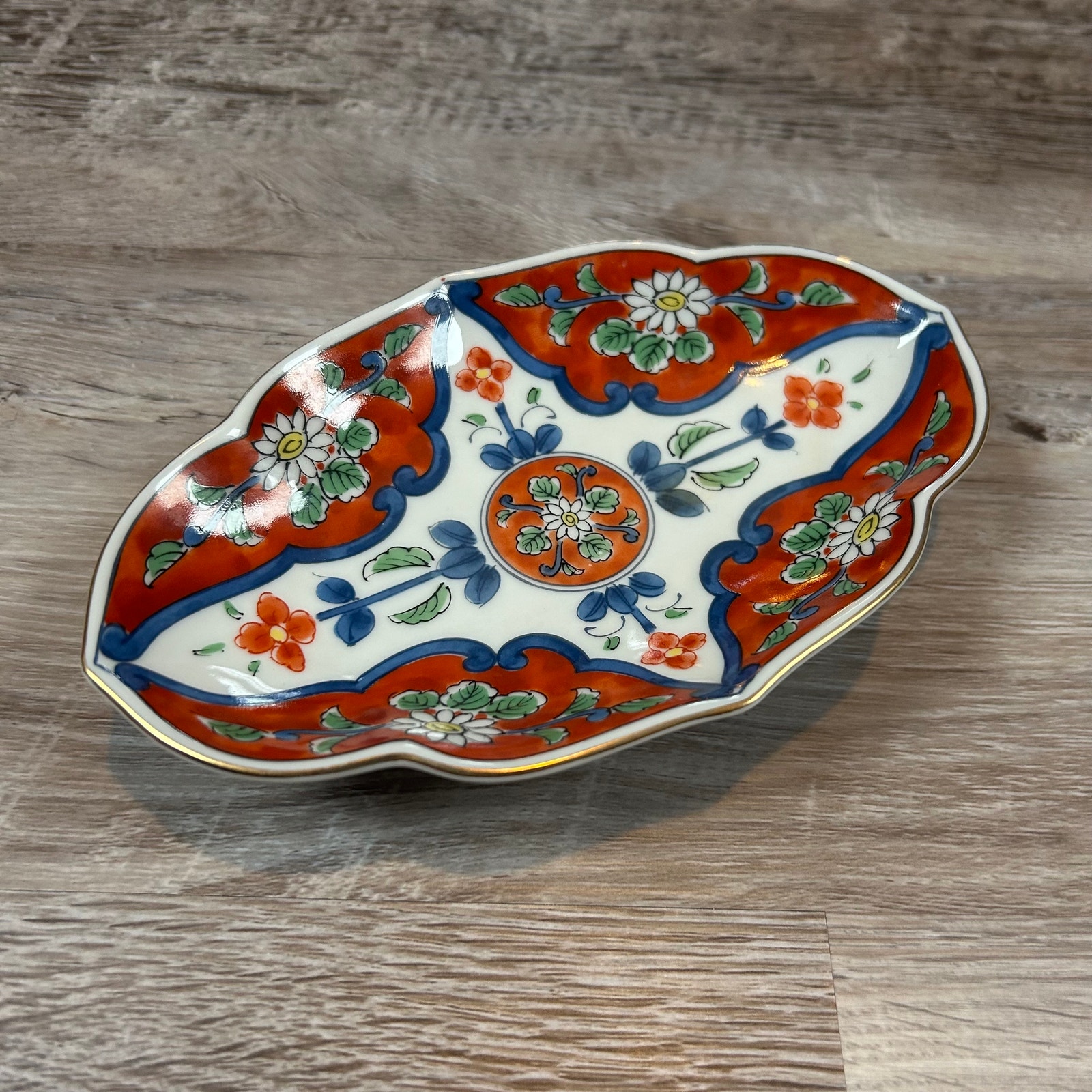 Scalloped Imari-Style Mini Porcelain Dish Floral Red Blue Japan Trinket Tray