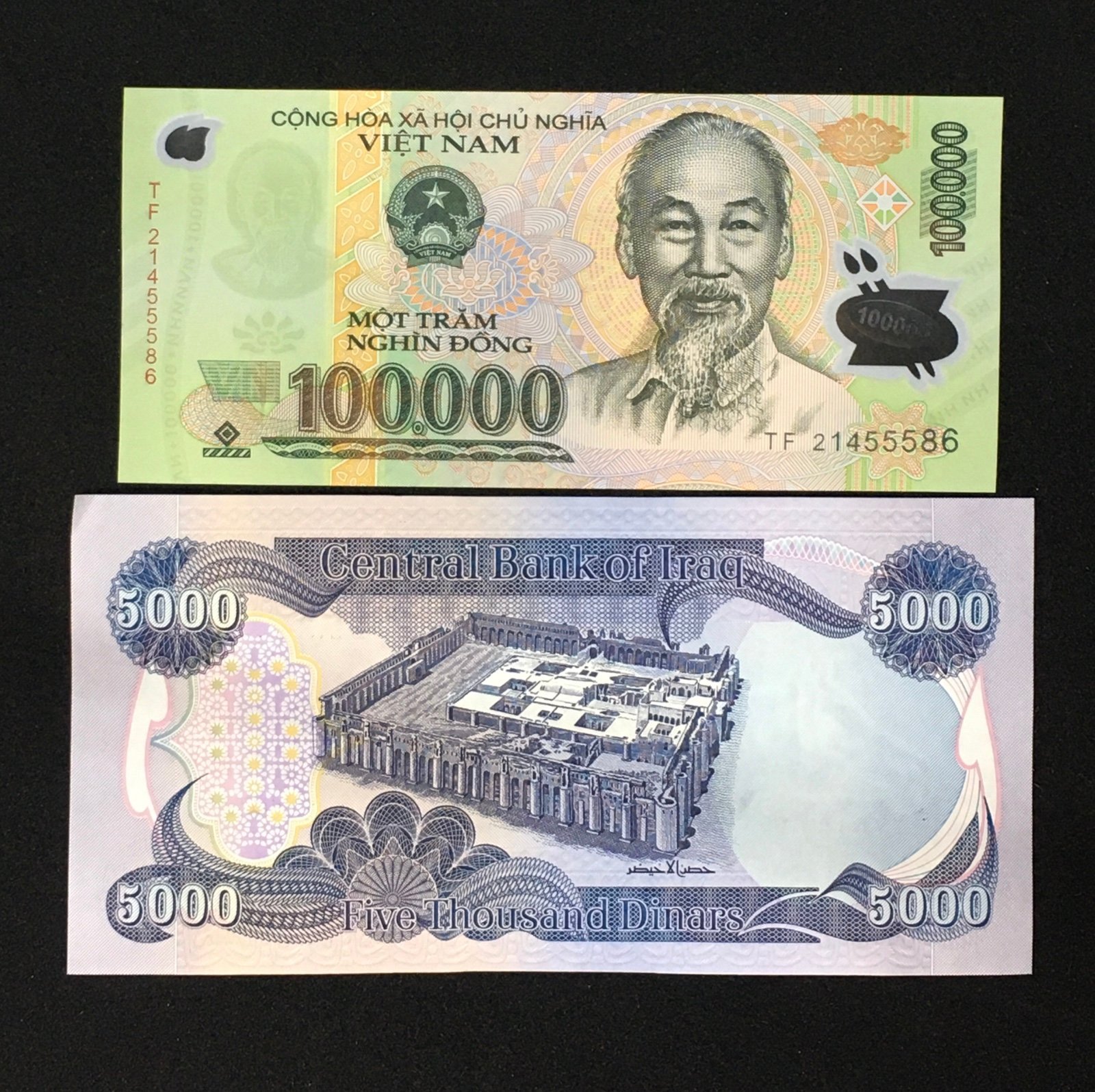 100,000 Vietnam Dong + 5,000 Iraq Dinar UNC Banknotes 1-PCs Ea (Plus Free Note)