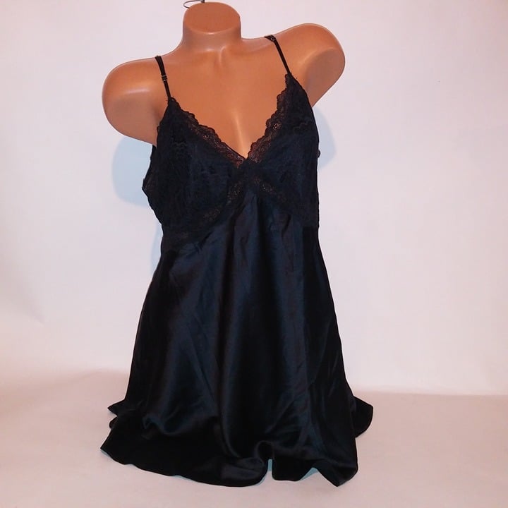 Victoria Secret Lingerie Chemise Slip Black Solid Satin Lace Trim New XL