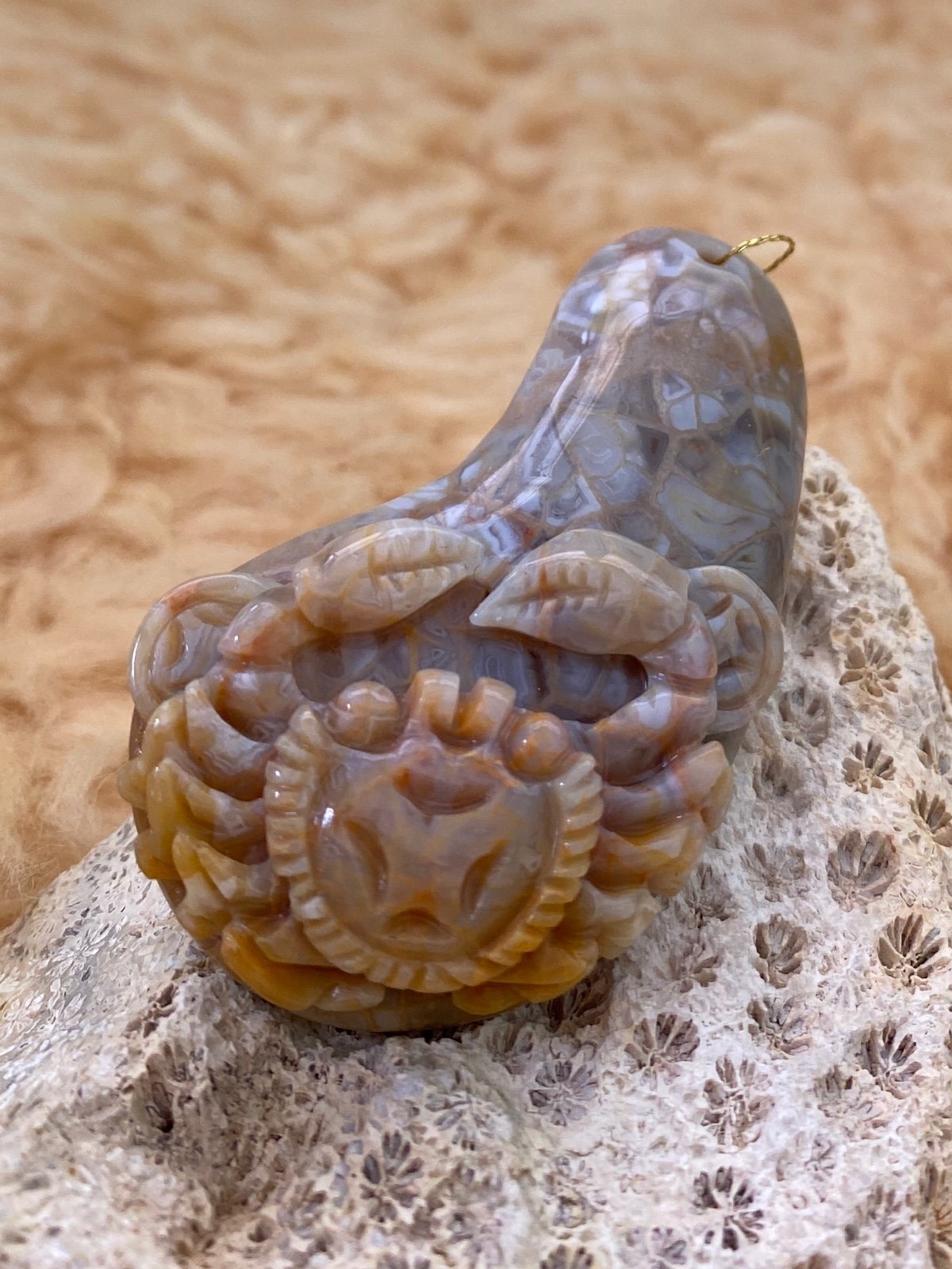 Agatized Coral Fossil Carvings Crab Deco Ornament Pendant