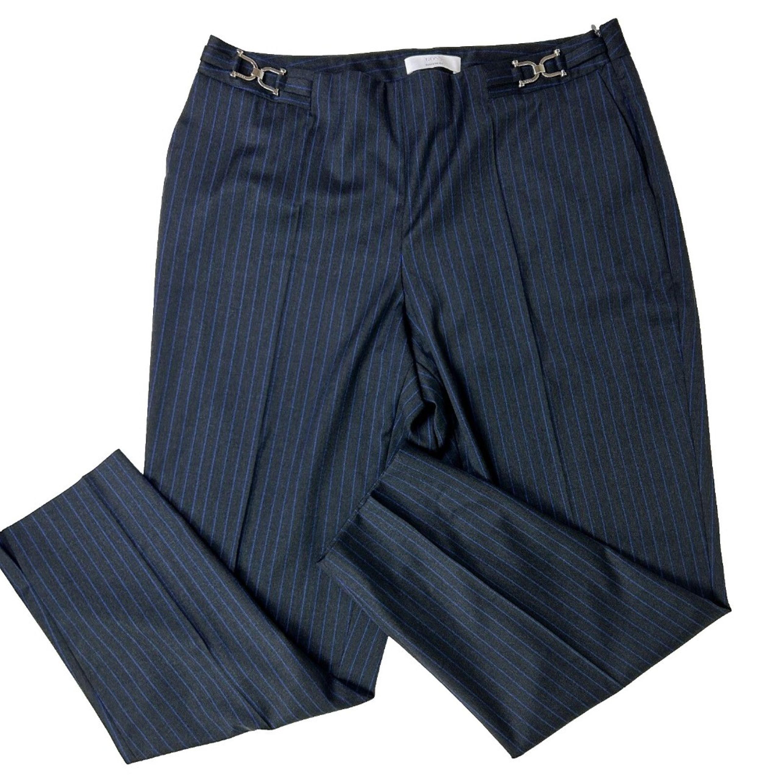 Hugo Boss Blue Pinstripe Wool Tocanes Pants Tapered Leg Horsebit Slit Women's 10
