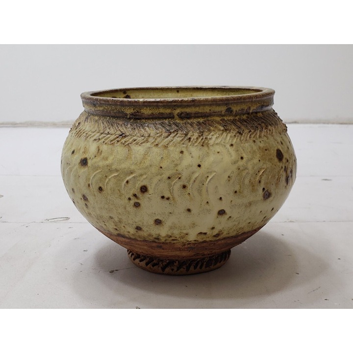 Vintage Handmade Pot Bowl Flowerpot Glazed Chevron 6” Artist Signed 1977 MCM