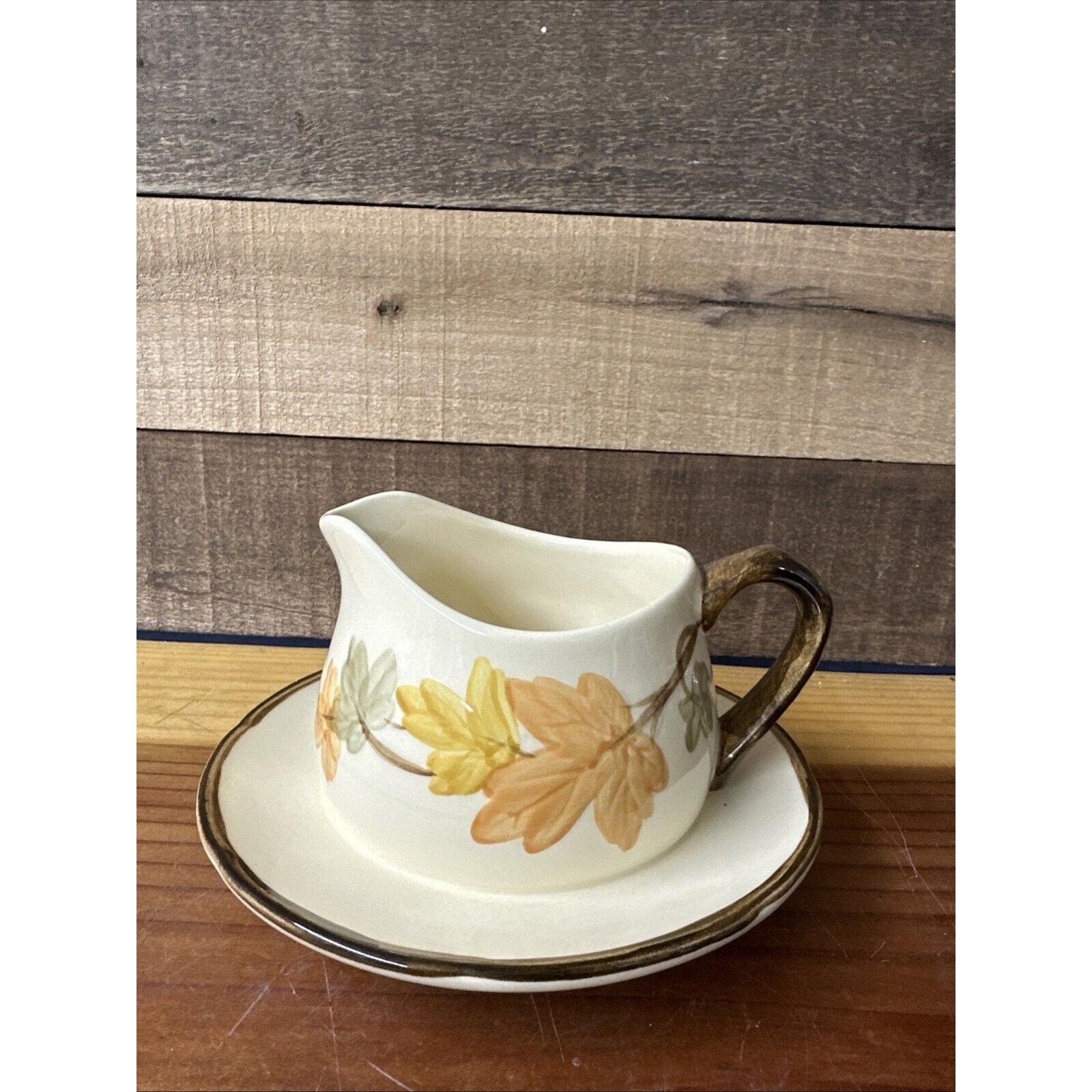 Franciscan October Gravy Boat Attached Drip Plate Autumn Leaves VTG USA