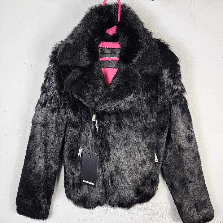 NWT~1175~DSQUARED2~10/12~BLACK REAL FUR COAT GENUINE LEATHER MOTO BIKER JACKET