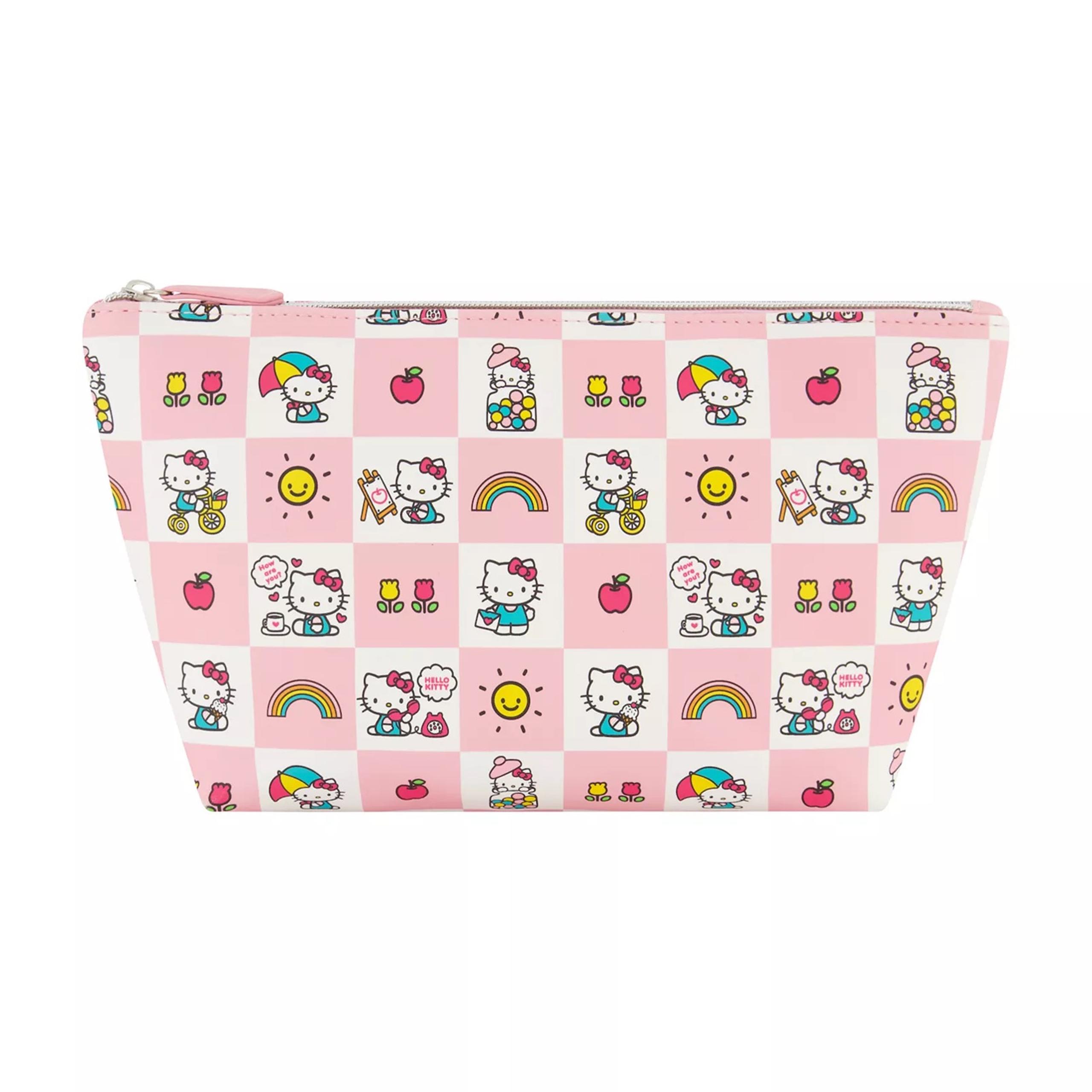 Sanrio Hello Kitty Checkered Pastel Trapezoid Cosmetic Travel Bag/Pouch, Large