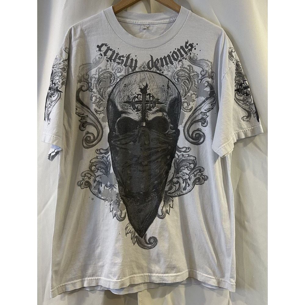 Vintage Y2K Affliction Style Grunge Mall Goth Skull Graphic T-Shirt White XL