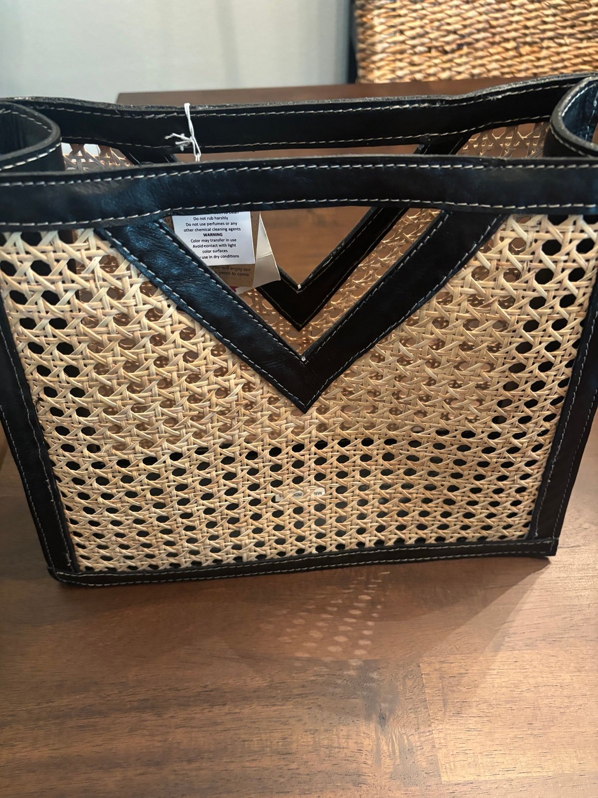 NWT Dharmas from Bali Genuine Black Leather and Rattan Cane Webbing Handbag