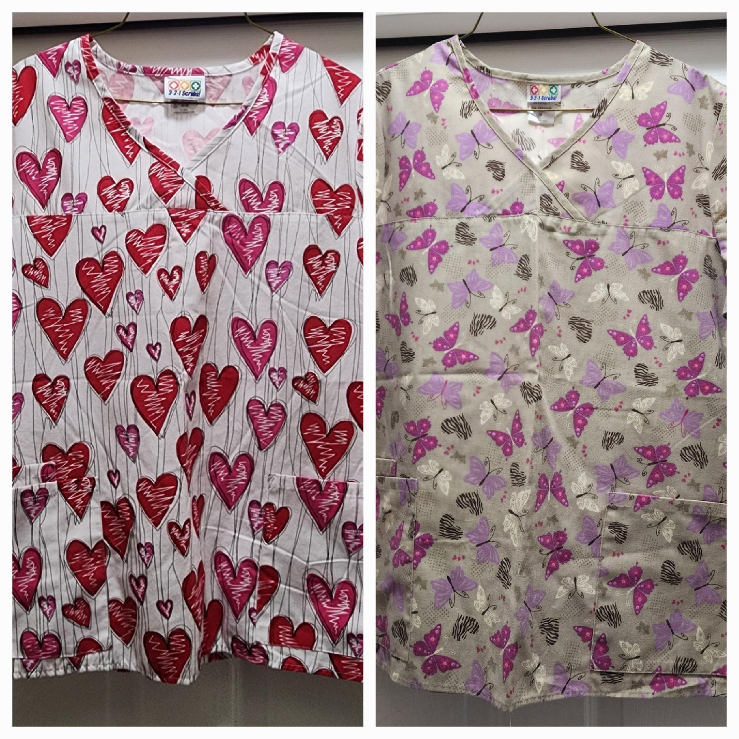 3-2-1 Scrub Tops Lot Women's Medium Hearts Butterflies Valentine's Day Nurse