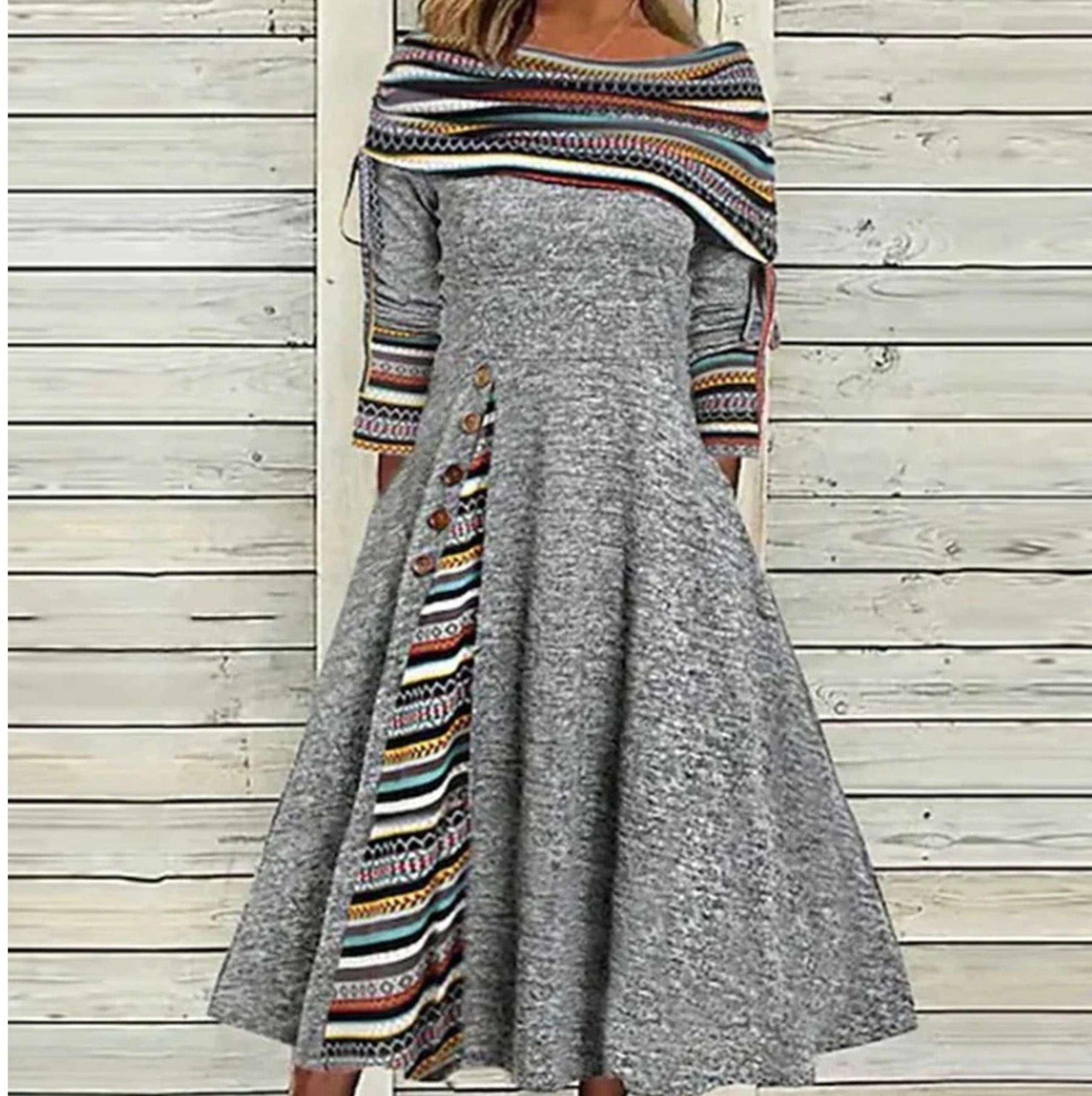 Amazon: Gray Off-Shoulder Dress with Multicolor Accents. Size Medium.