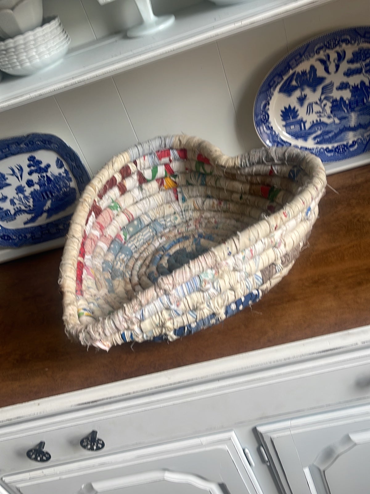 Huge vintage heart shaped 80's FARBIC COIL WRAPPED BUSTING BOWL basket