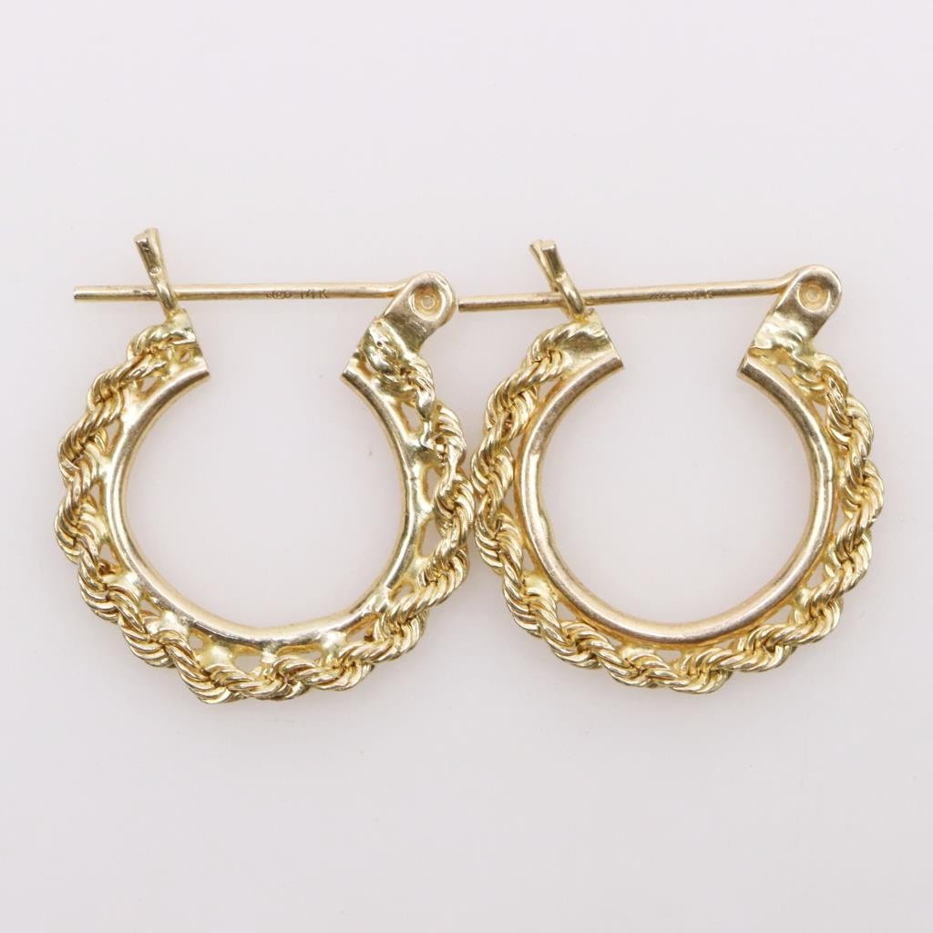 14K Solid Yellow Gold Rope Design Hoop Earrings