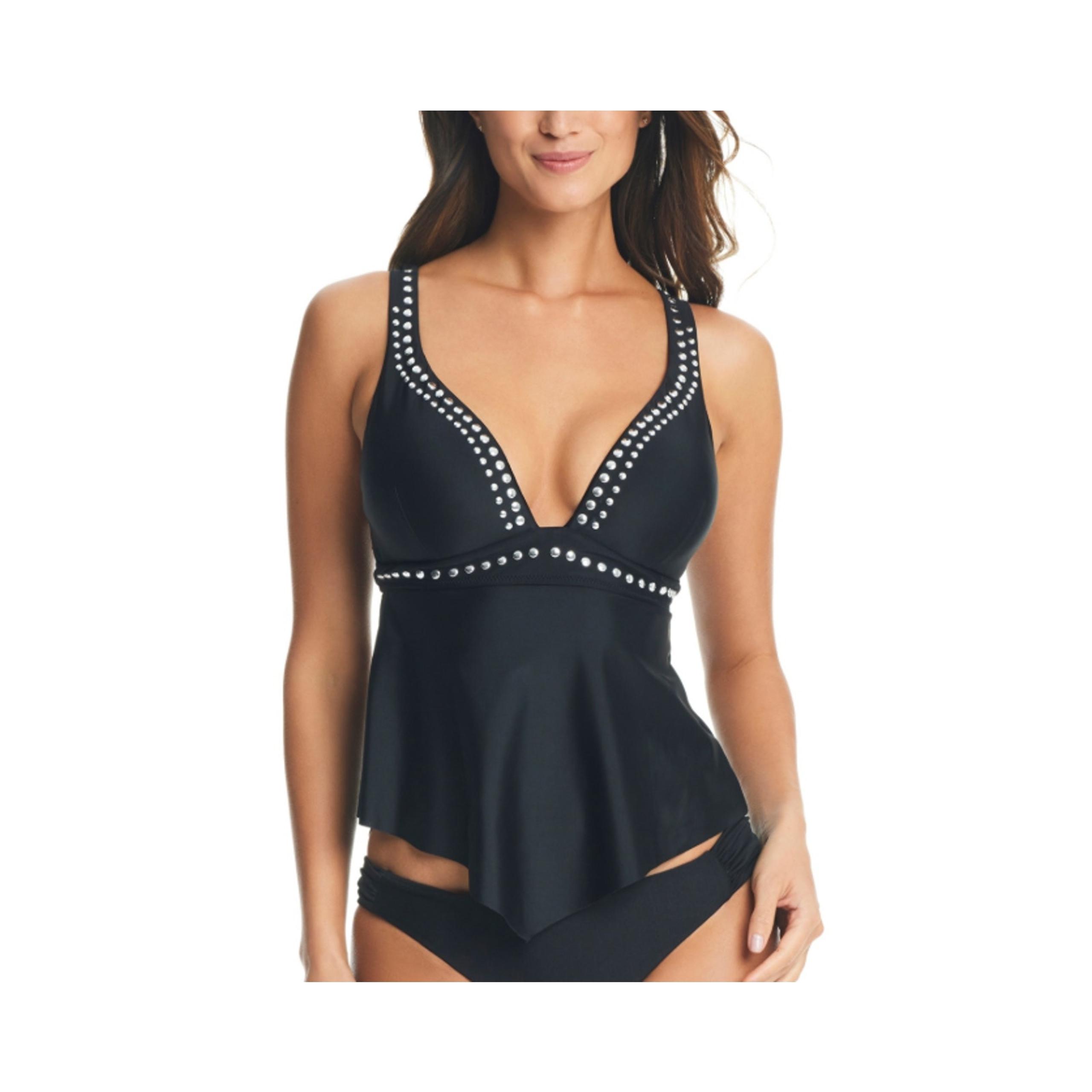Bar Ill Studded Tankini Top Womens Size S Black Plunging V-Neck 15119