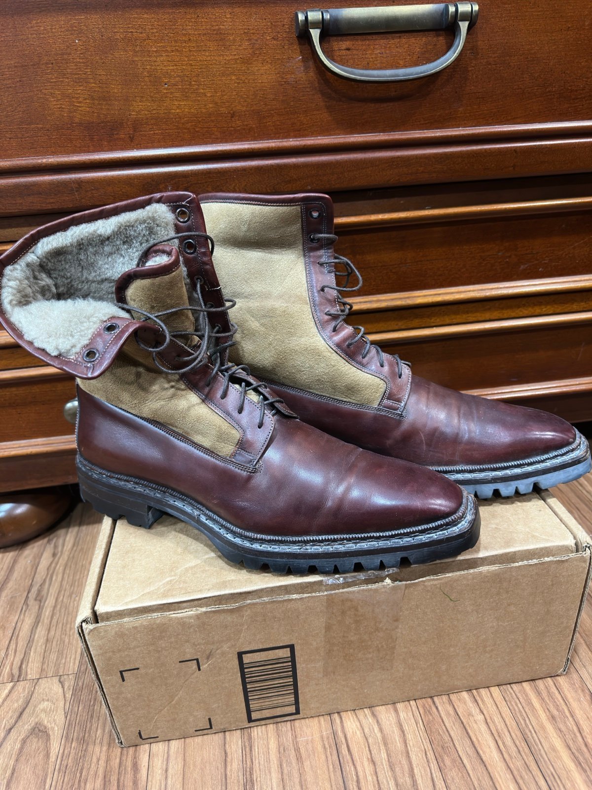Santoni caoutchouc Shearling Boots Reddish Brown Leather Men's Size 8 US RARE