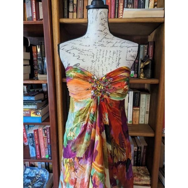 jovani silk multicolor strapless gown with beading on bust euc sz 4
