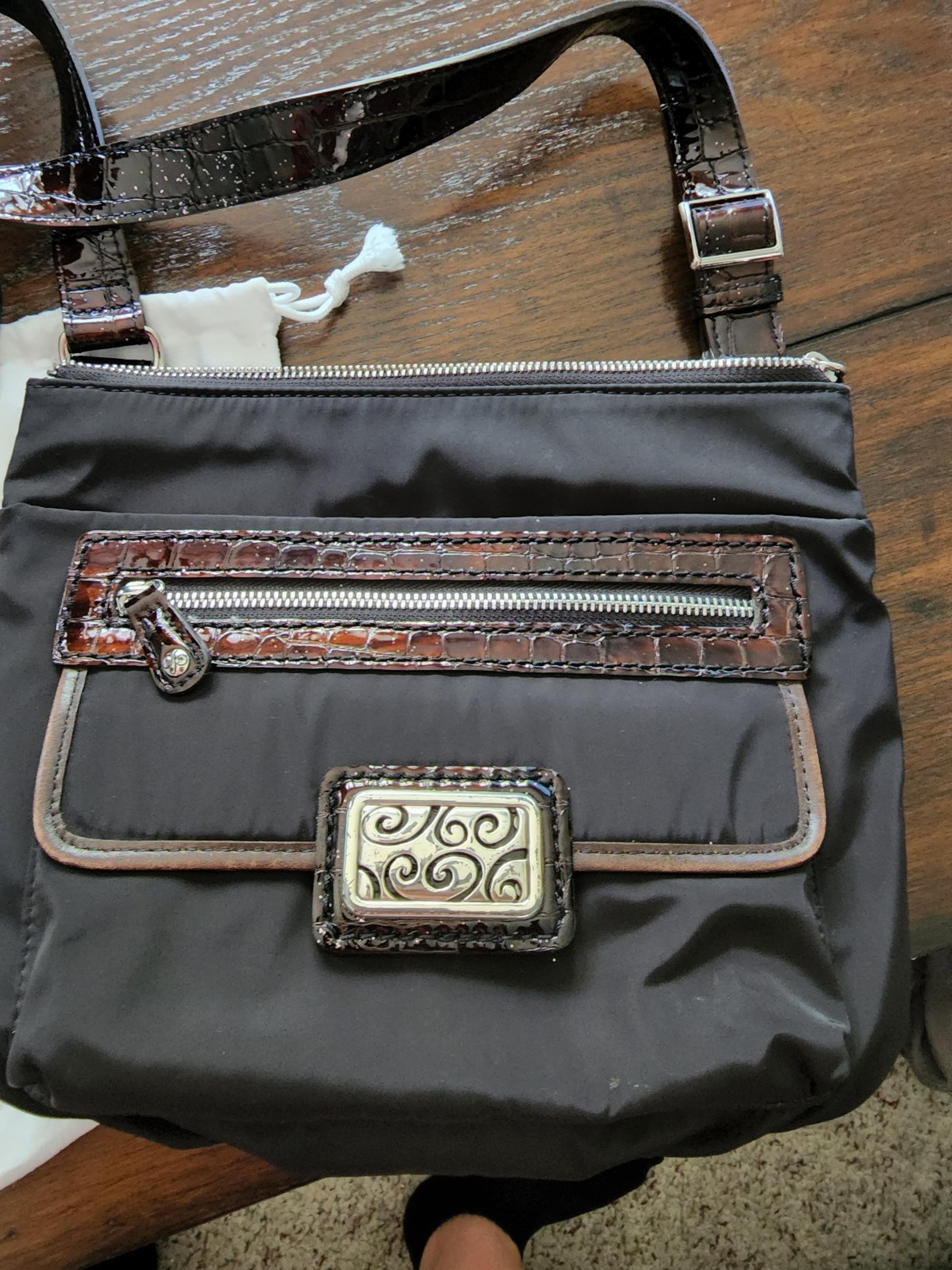 Brighton Charlie Pocket Black Nylon Brown Patent Leather Croc Messenger Bag 3030