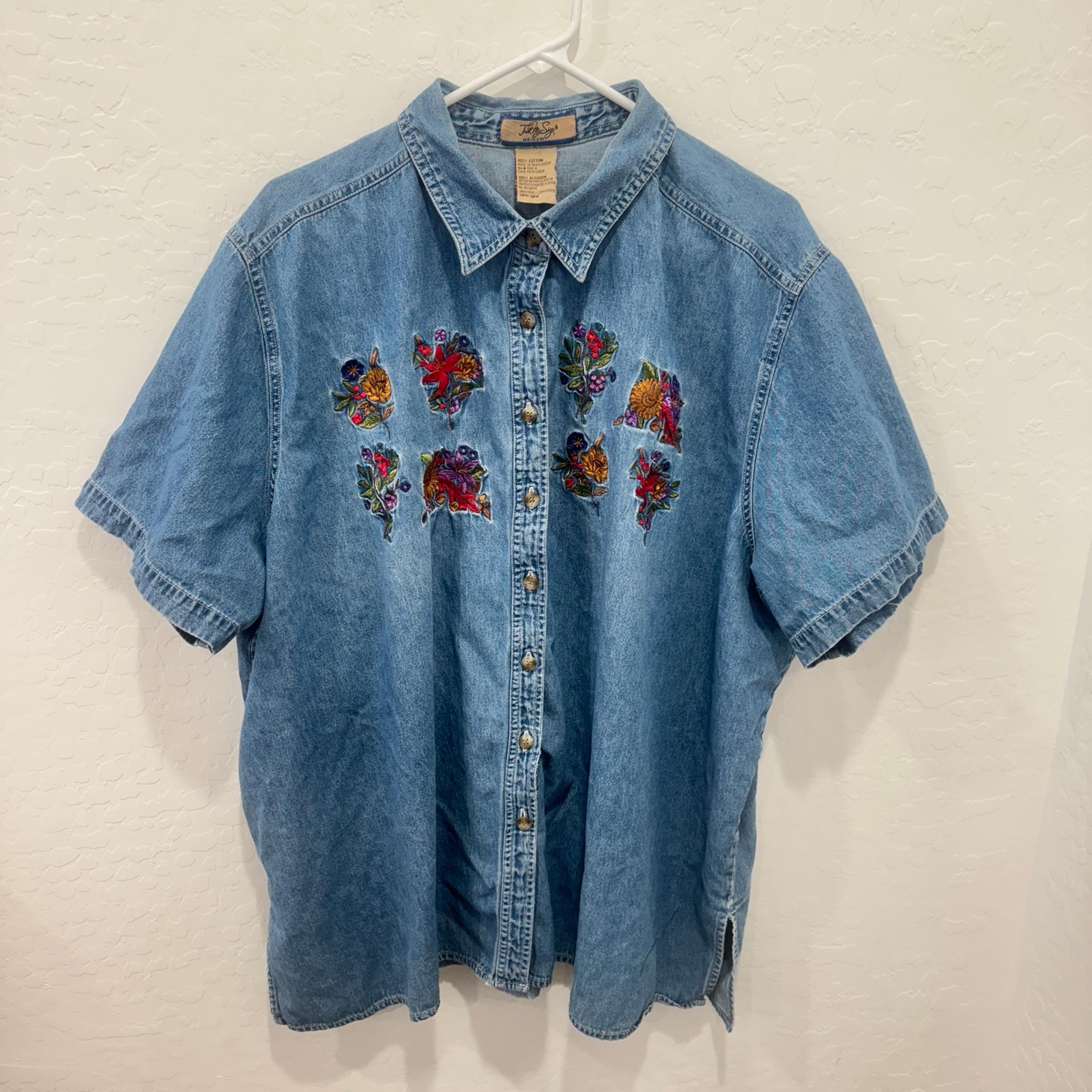 Just My Size Shirt Womens 26/28 Embroidered Floral Denim Chambray Button Front