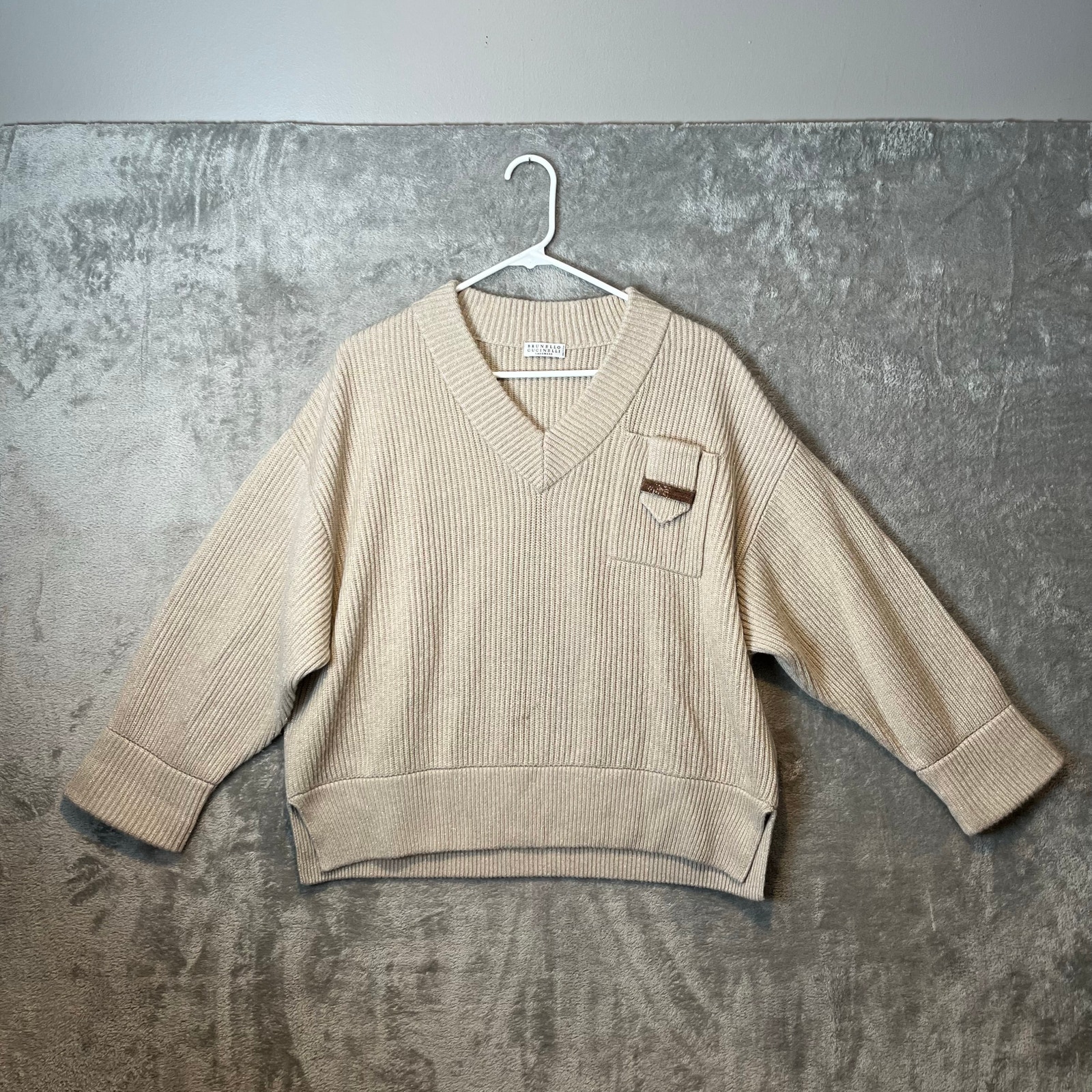 Brunello Cucinelli Rib Cashmere Pullover with Monili Detail Sz XS Oversized Fit