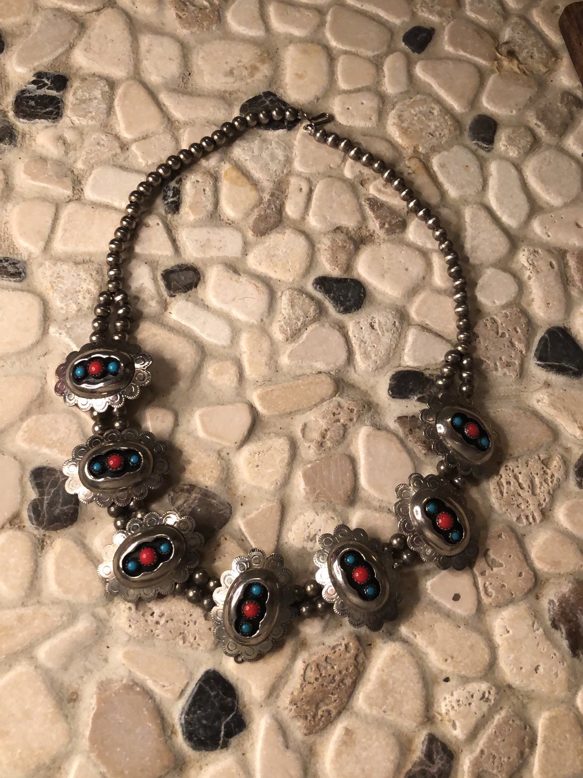 Squashblossom turquoise coral petite point necklace southwestern Navajo