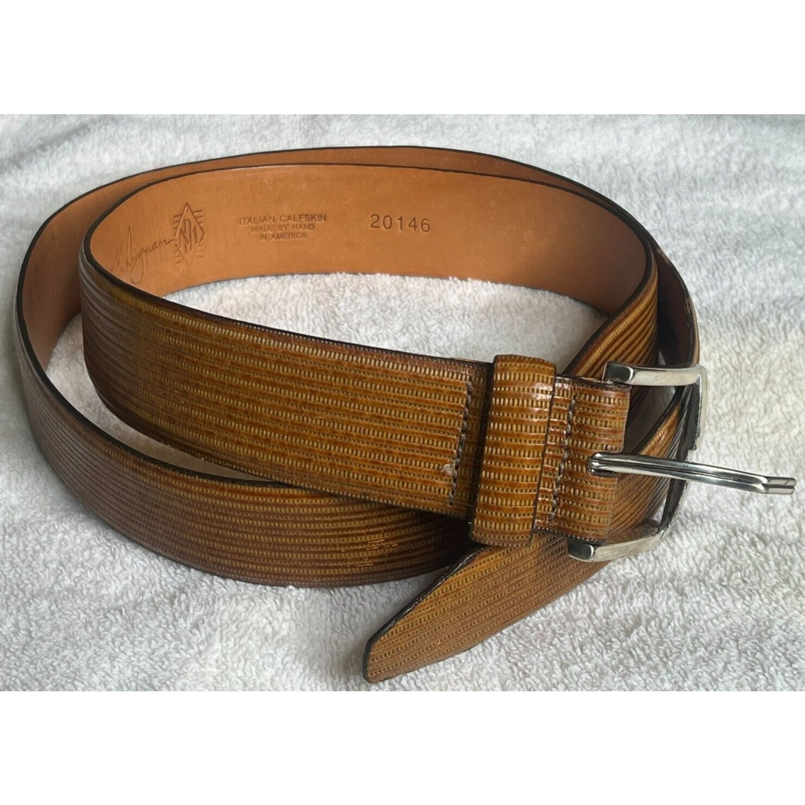 Martin Dingman Textured Brown Leather Italian CalfSkin Belt Size 36 Handmade USA