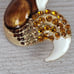 Fox Pendant Brooch Green Eyes Enamel Gold Tone Brown Rhinestones Unsigned