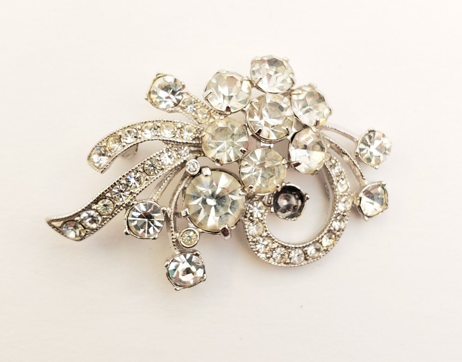 Vintage Signed Eisenberg Rhinestone Prong-set Silver Tone Brooch Pin