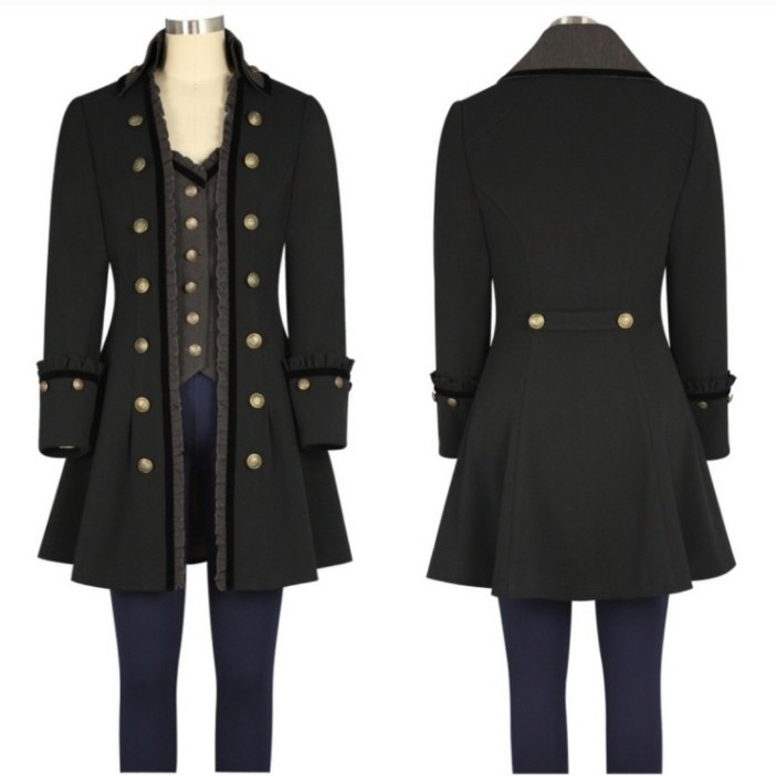 Velvet Long Military Trench Coat Jacket Black Grey Size Large L
