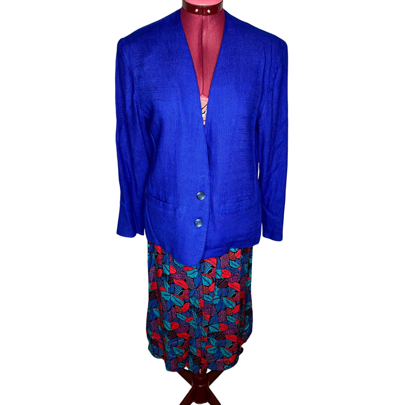 suit vintage 1980s swing skirt royal blue leaf print