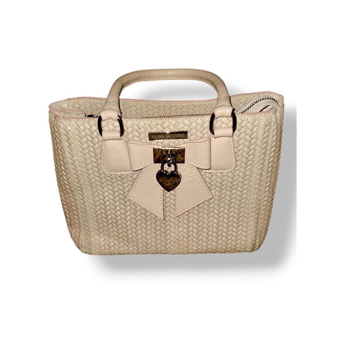 Luisa Vannini ITALIAN HAND-WOVEN Beige LEATHER Coquette SHOULDER BAG BOW/HEART